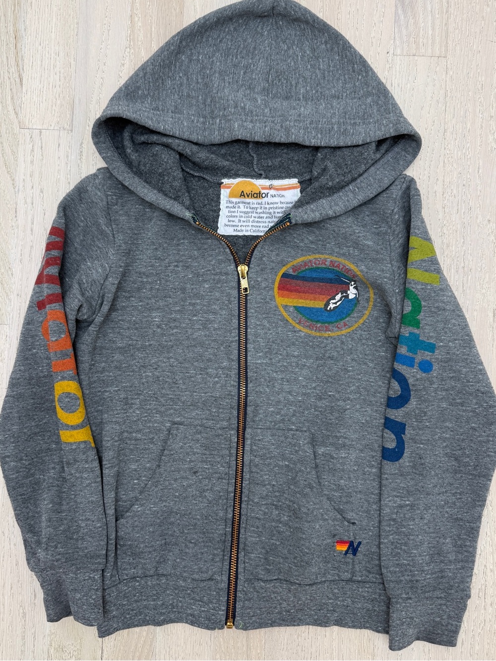 Aviator Nation Kids Heather Gray Zip Hoodie with Rainbow Logo